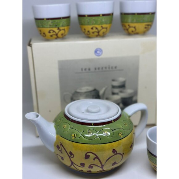 VTG PIER 1 EARTHENWARE & Pacific Rim Ceramic Lemon Tea Pot & 4 Mugs - Picture 2 of 8